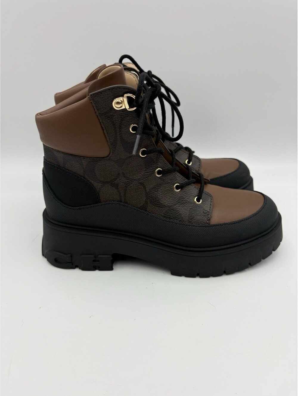 Coach Royce Boots Signature Canvas Leather Black Brown Women's Size 6 B NWOB